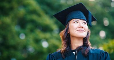 University student, woman and outdoor for graduation with memory, smile or thinking or achievement at campus. Girl, Japanese person and graduate with memory, decision or choice for future at college